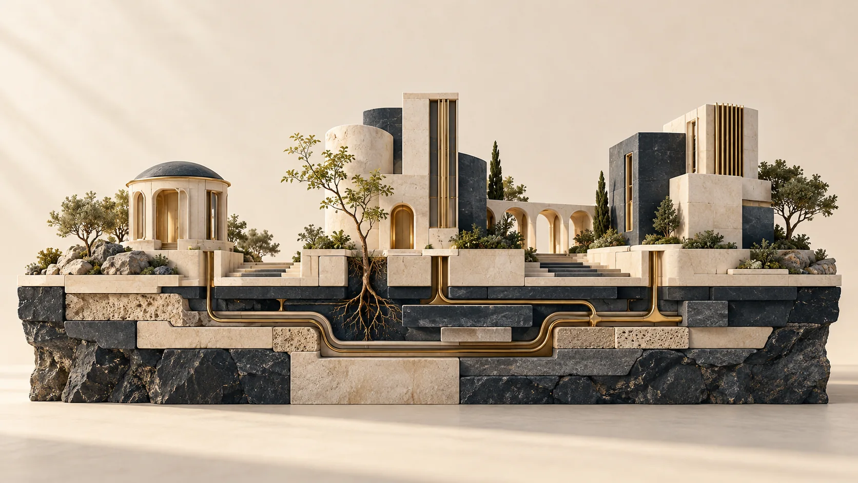 Interlocking limestone and slate foundations connect varied architectural forms through brass channels and living roots.