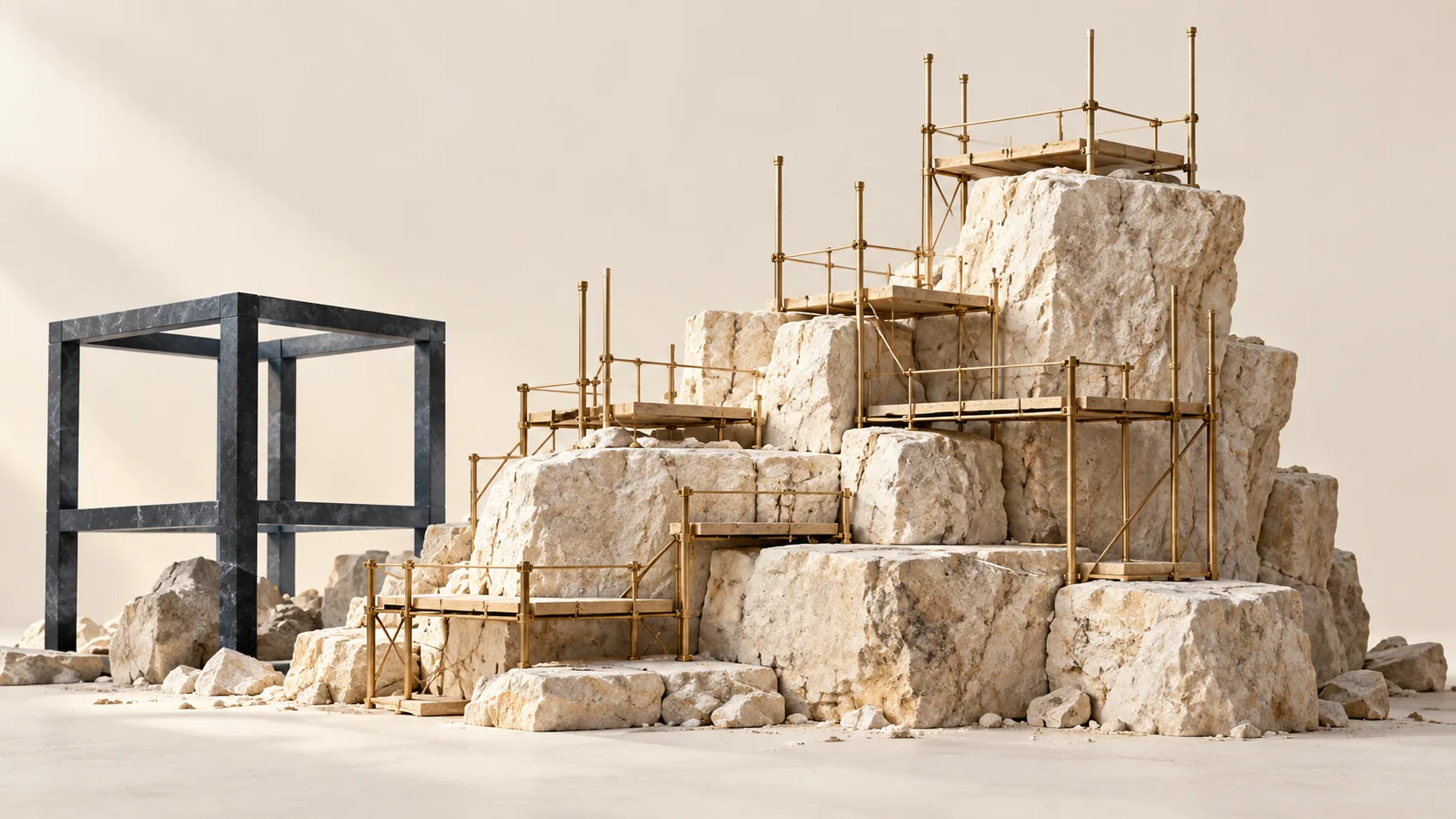 A fitted brass scaffold grows around irregular limestone steps beside an unsuitable rigid frame.