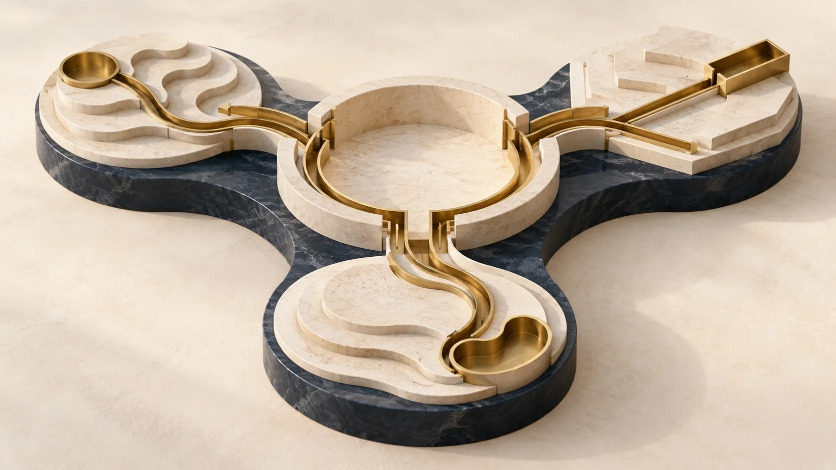 Three distinct work terraces connect through brass channels to one shared governance commons.