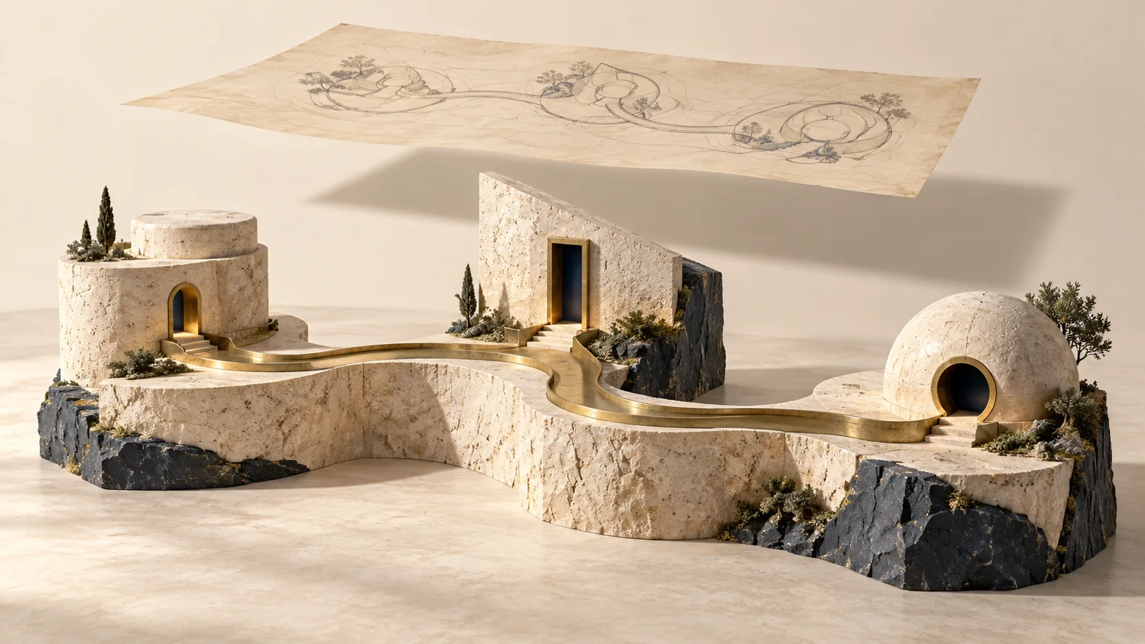 Different stone terraces connected by a brass path beneath a floating plan, representing shared governance through lived experience.