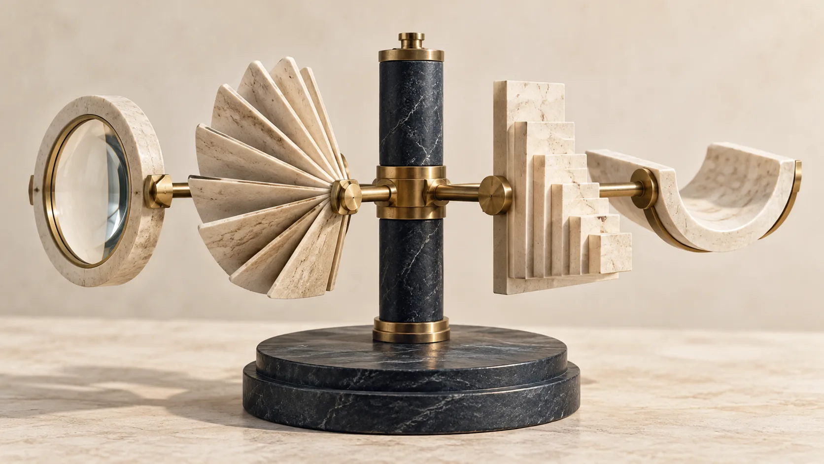 Different ivory forms connect to one brass core, representing tailored experiences built on shared meaning.
