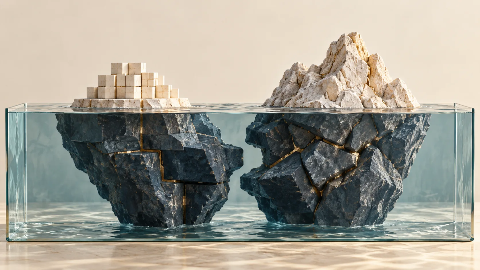 Two iceberg-like stone structures reveal incompatible hidden foundations beneath a clear waterline.