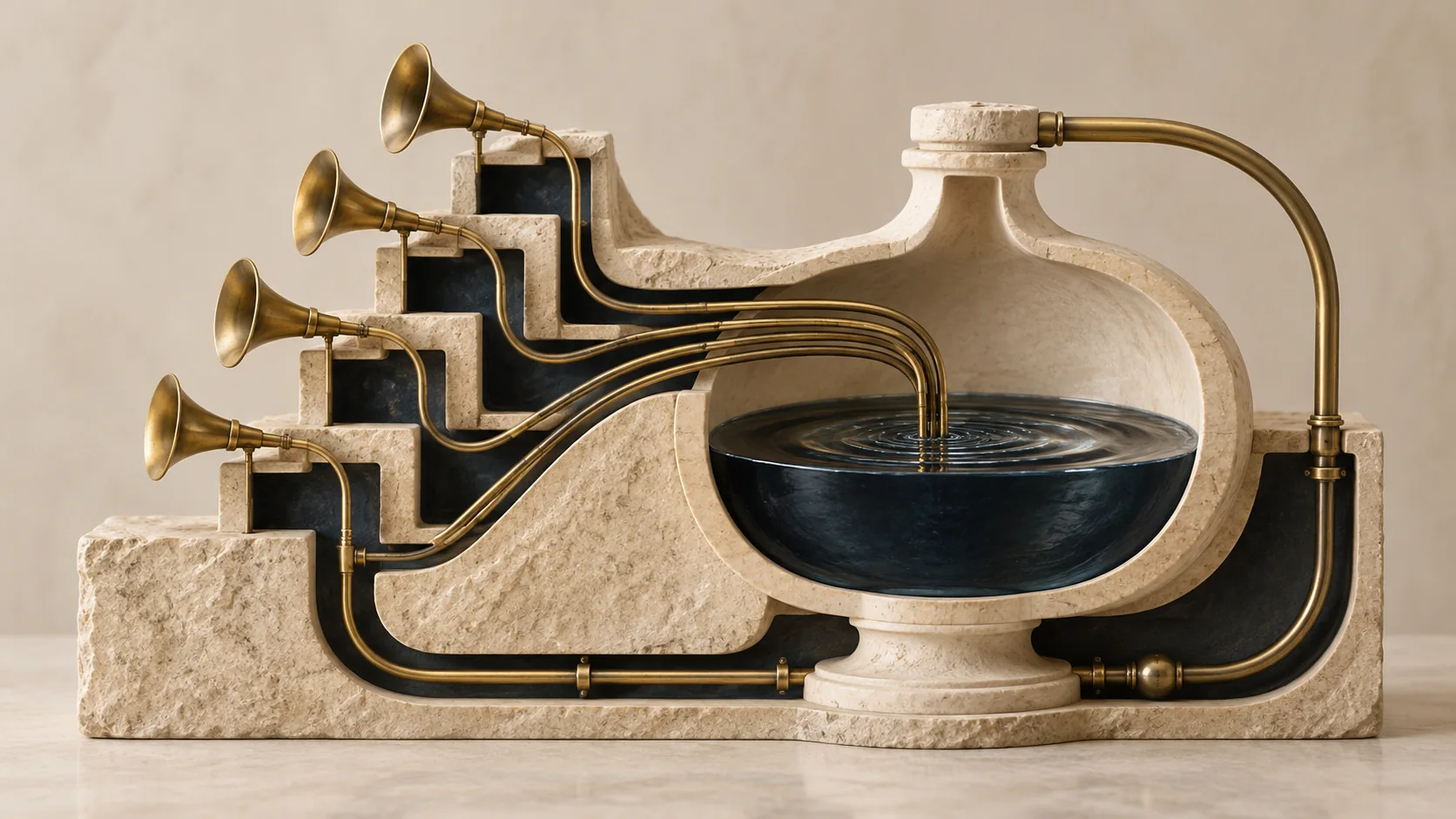 Brass listening horns feed a resonant stone chamber and a return loop, representing organisational feedback infrastructure.