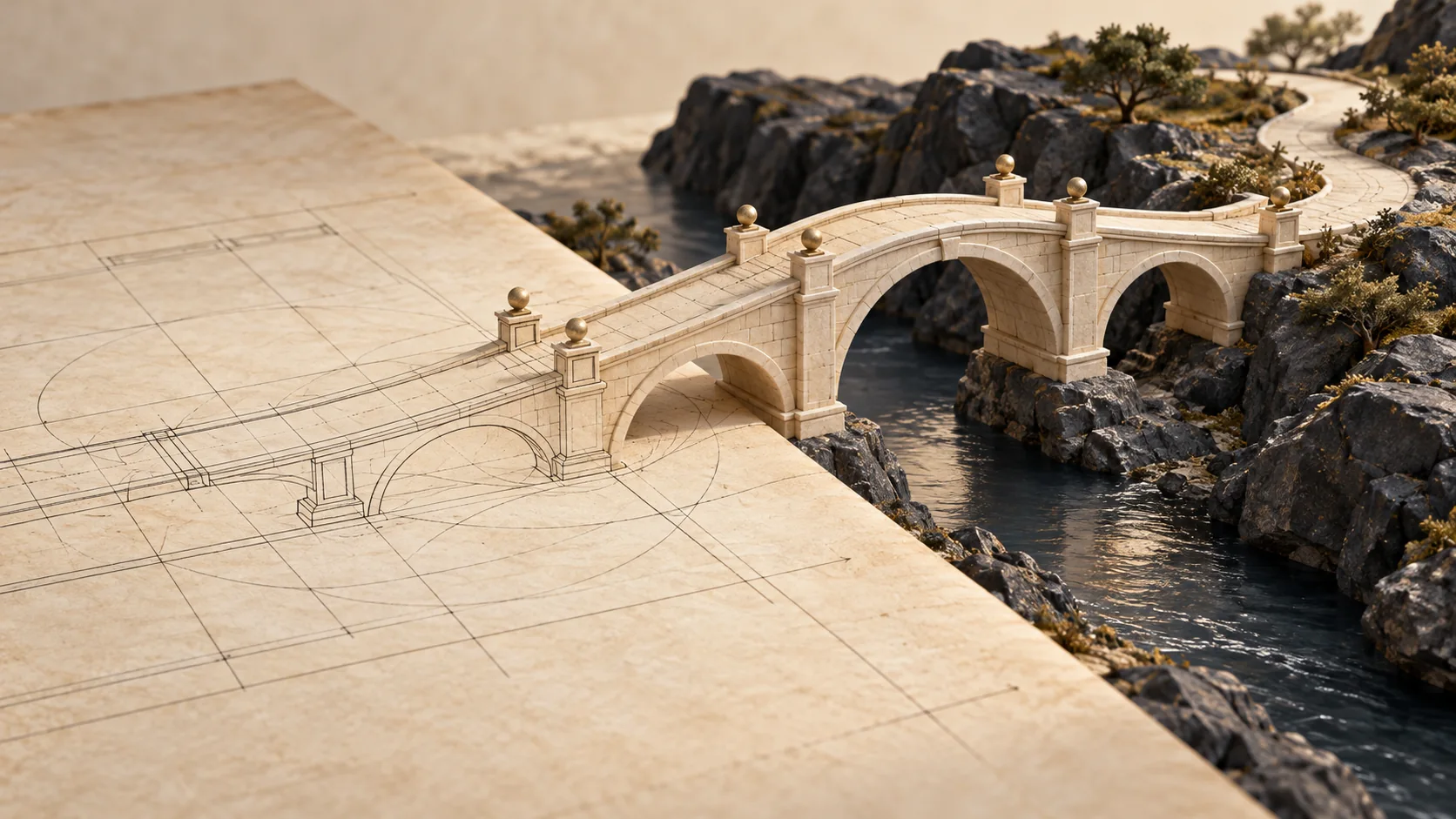 A bridge rises from a flat geometric plan into a usable path, showing how models must connect to real work.