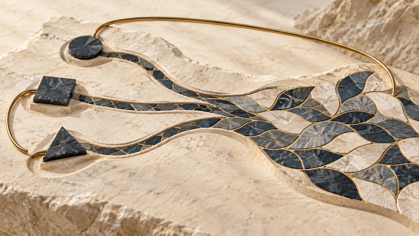 Small local stone channels converge into a shared interlocking mosaic, with a brass feedback path.