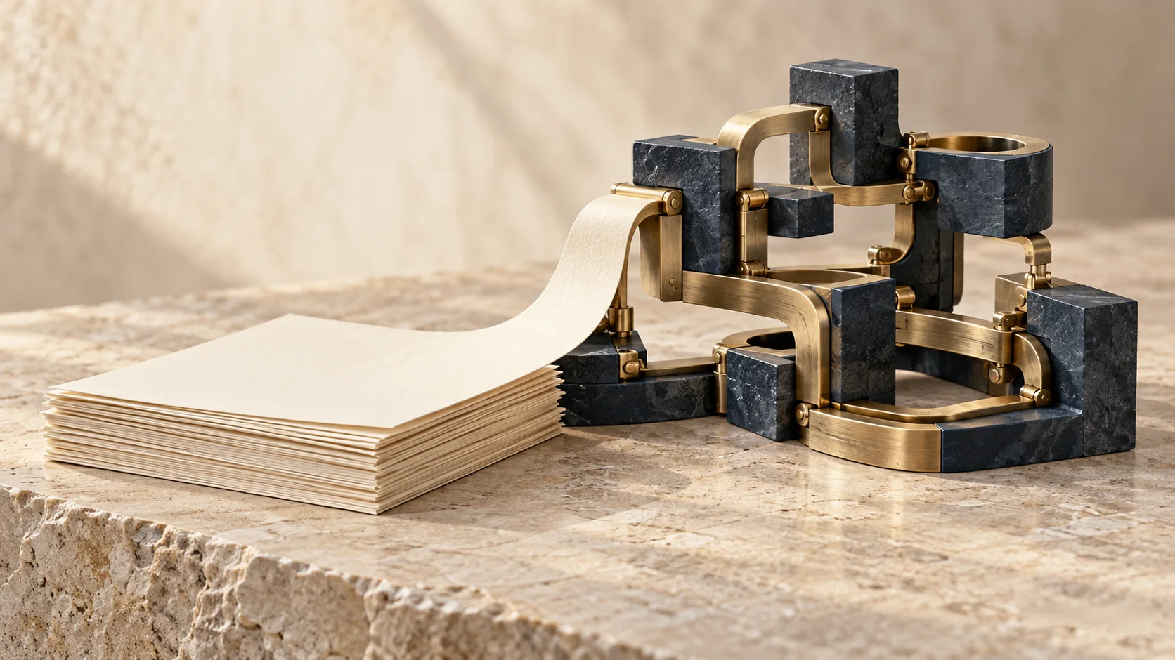Blank pages connect to an interlocking stone and brass mechanism, showing knowledge as more than documentation.
