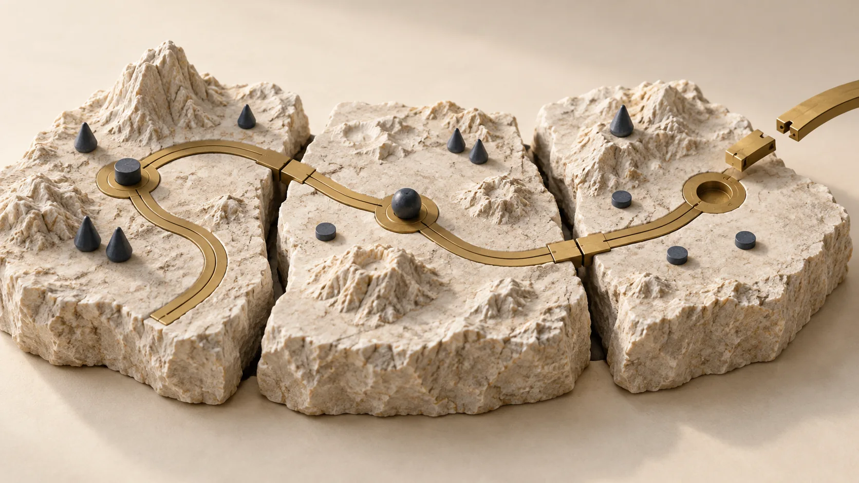 Brass routes connect distinct stone terrains, making cross-boundary paths and dependencies legible.