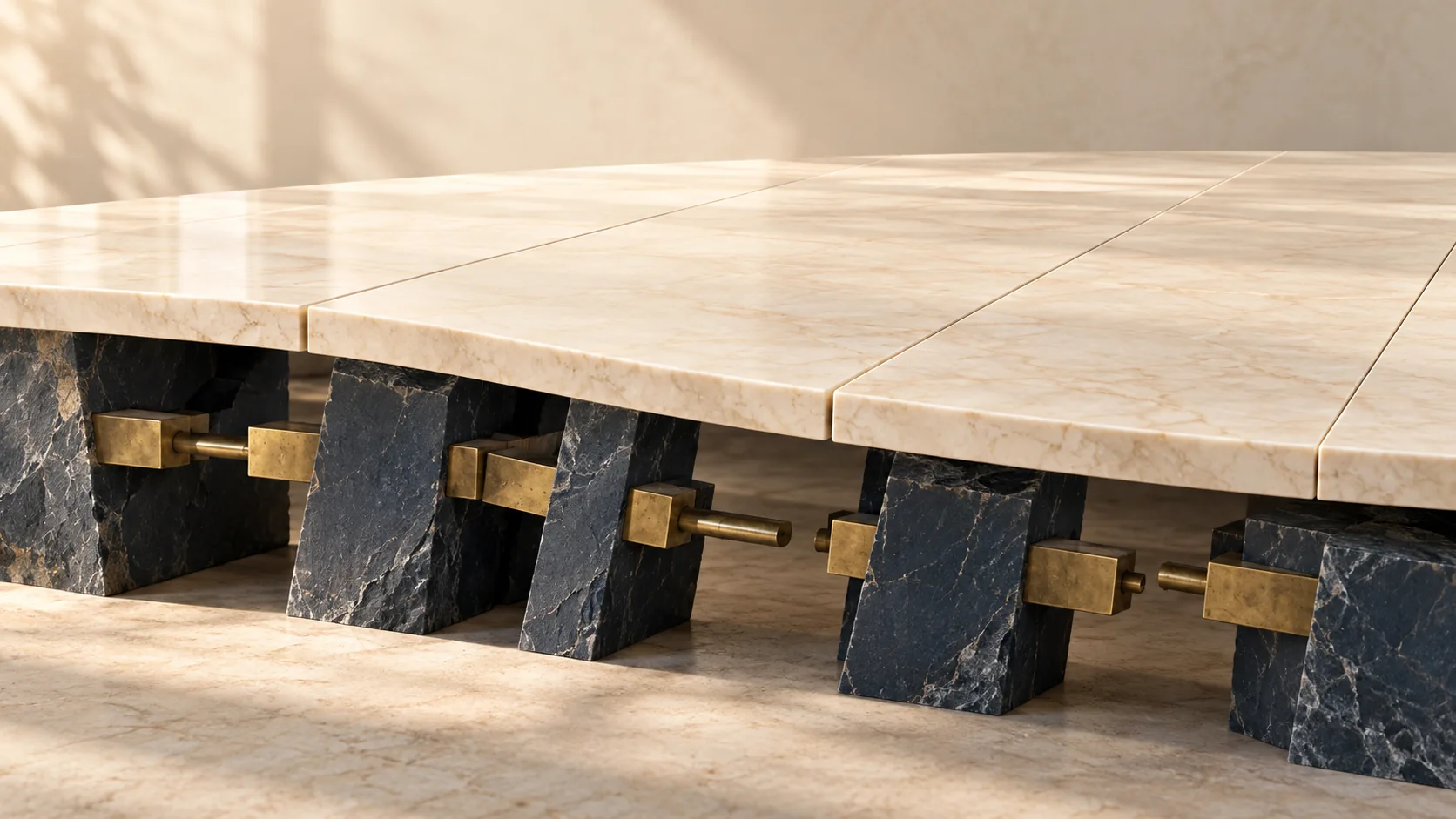 A polished ivory surface conceals disconnected slate supports and misaligned brass joints.