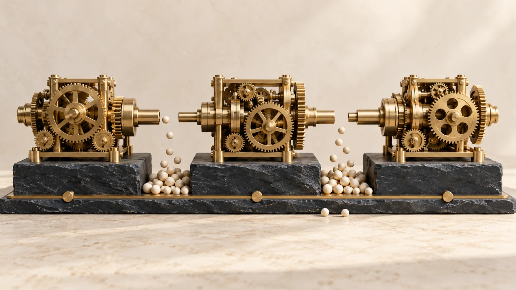 Separate precise gear assemblies have mismatched handoffs, illustrating the hidden cost of local team optimisation.