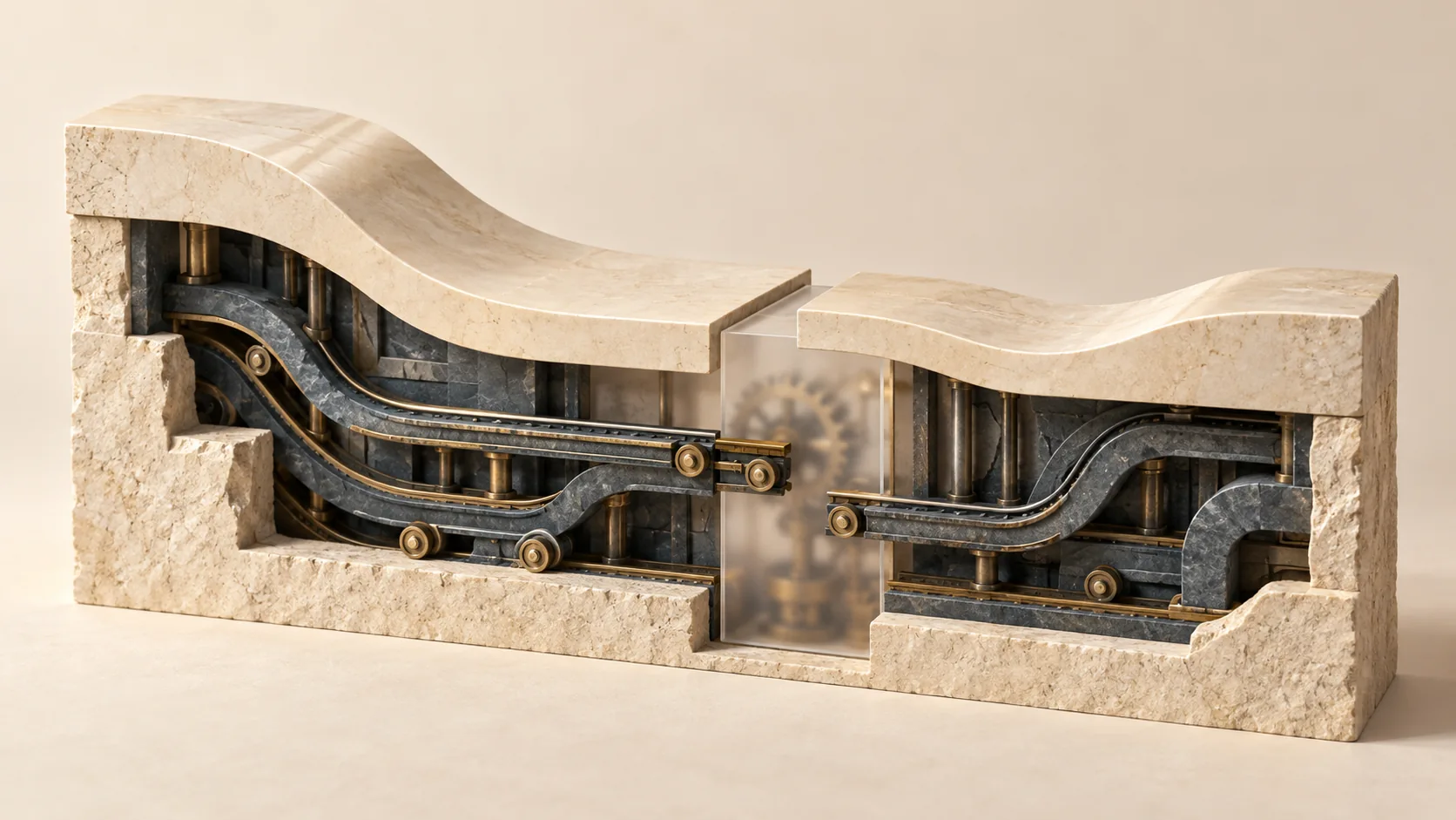 A polished new facade reveals misaligned tracks underneath, representing modernisation without structural change.