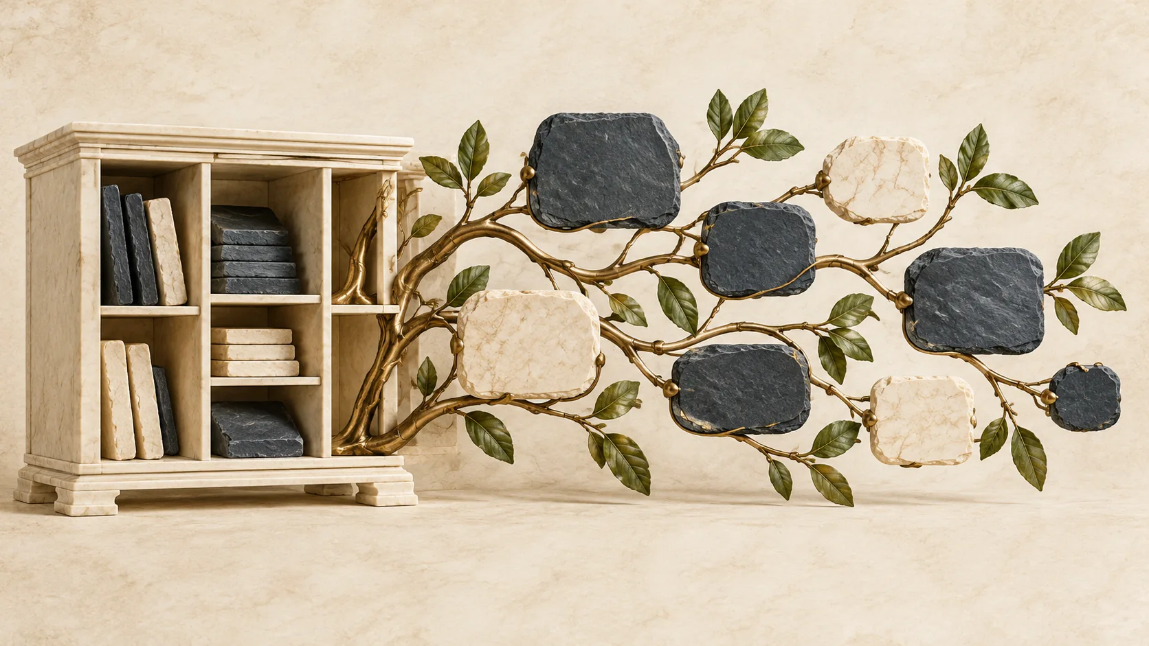 An archive of blank tablets transitions into a living tree of connected knowledge objects.