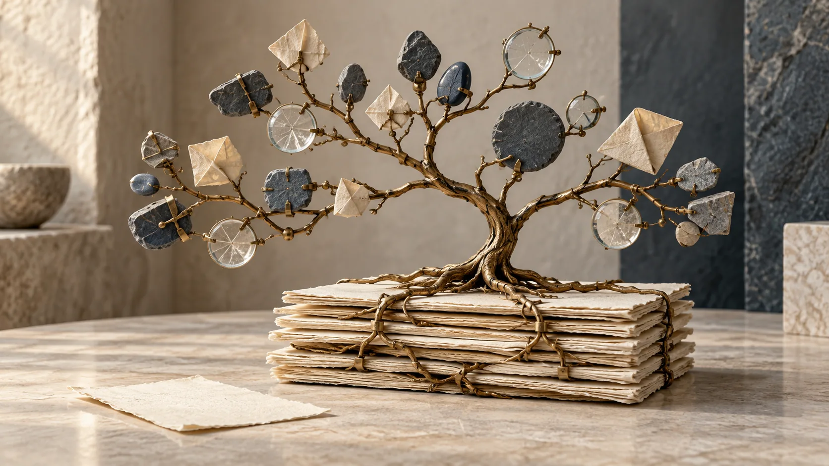A branching brass tree connects diverse stone and glass elements above archival pages, representing living knowledge relationships.