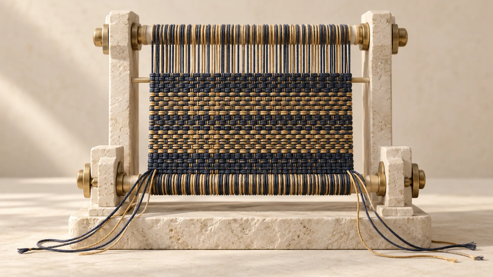 A structured loom turns separate threads into a coherent woven surface.