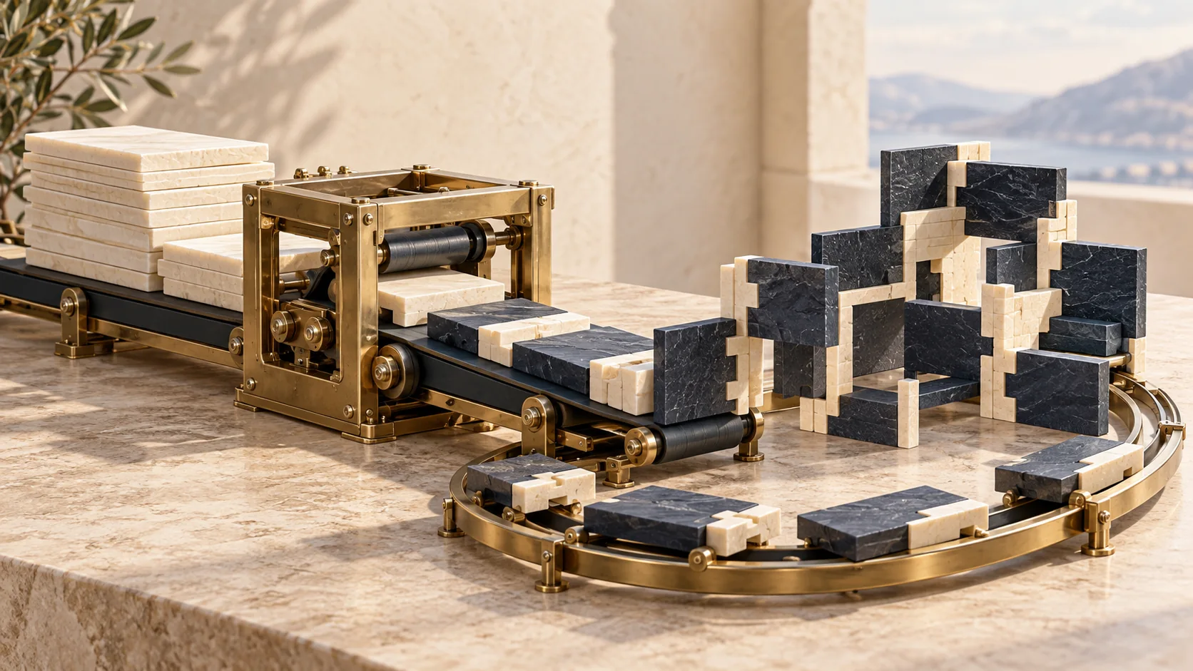 Stored ivory slabs become connected reusable components in a brass-framed knowledge workshop.