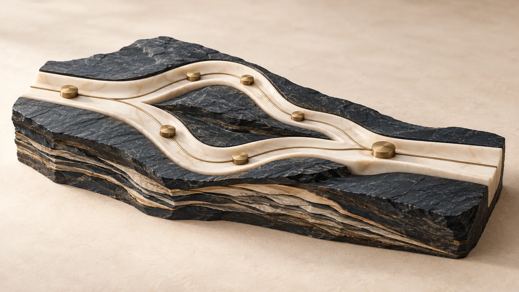 Layered stone channels branch and merge through brass checkpoints, representing disciplined knowledge versioning and change.