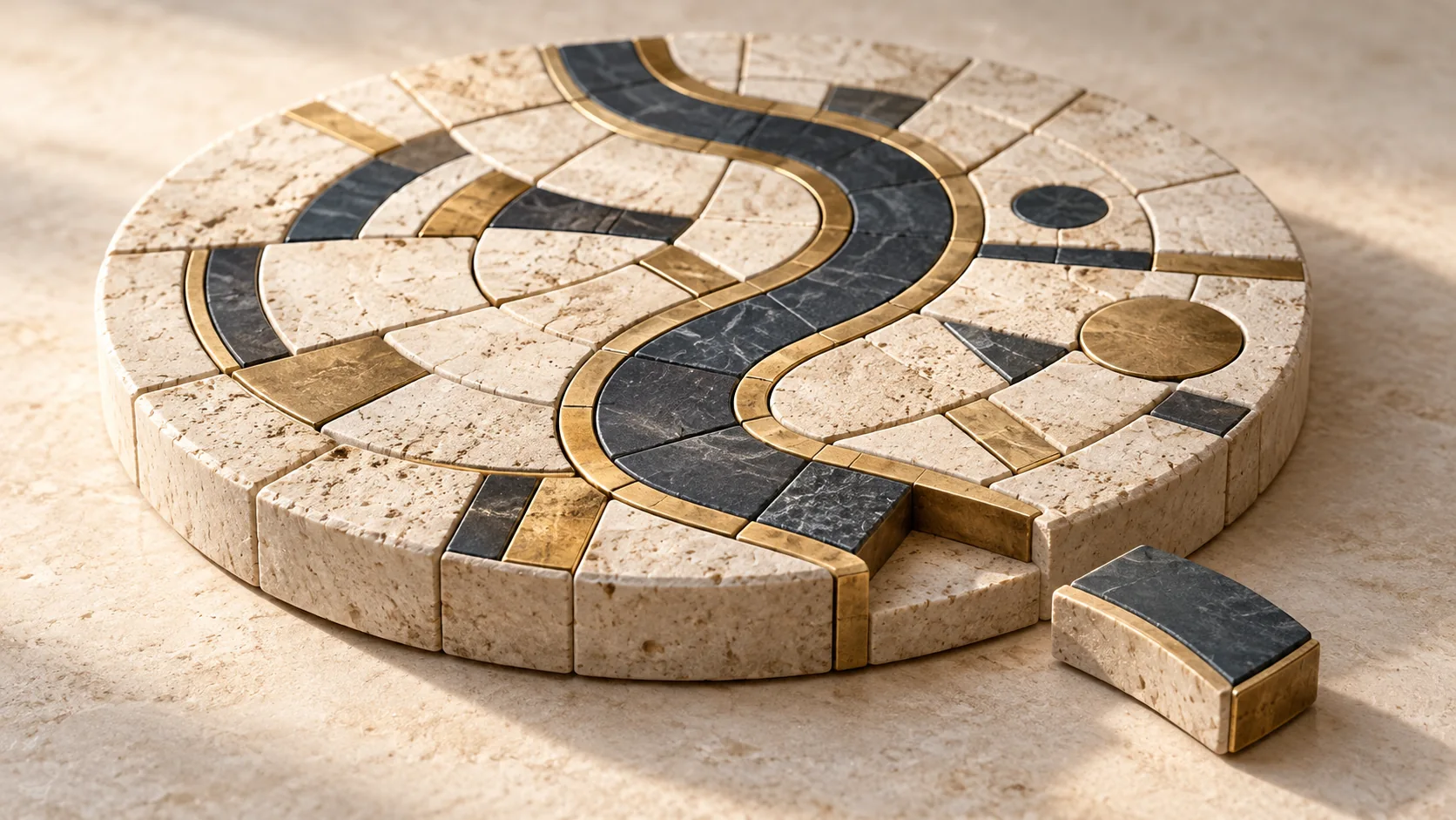 Distinct stone and brass contributions repair and strengthen a shared mosaic pathway.