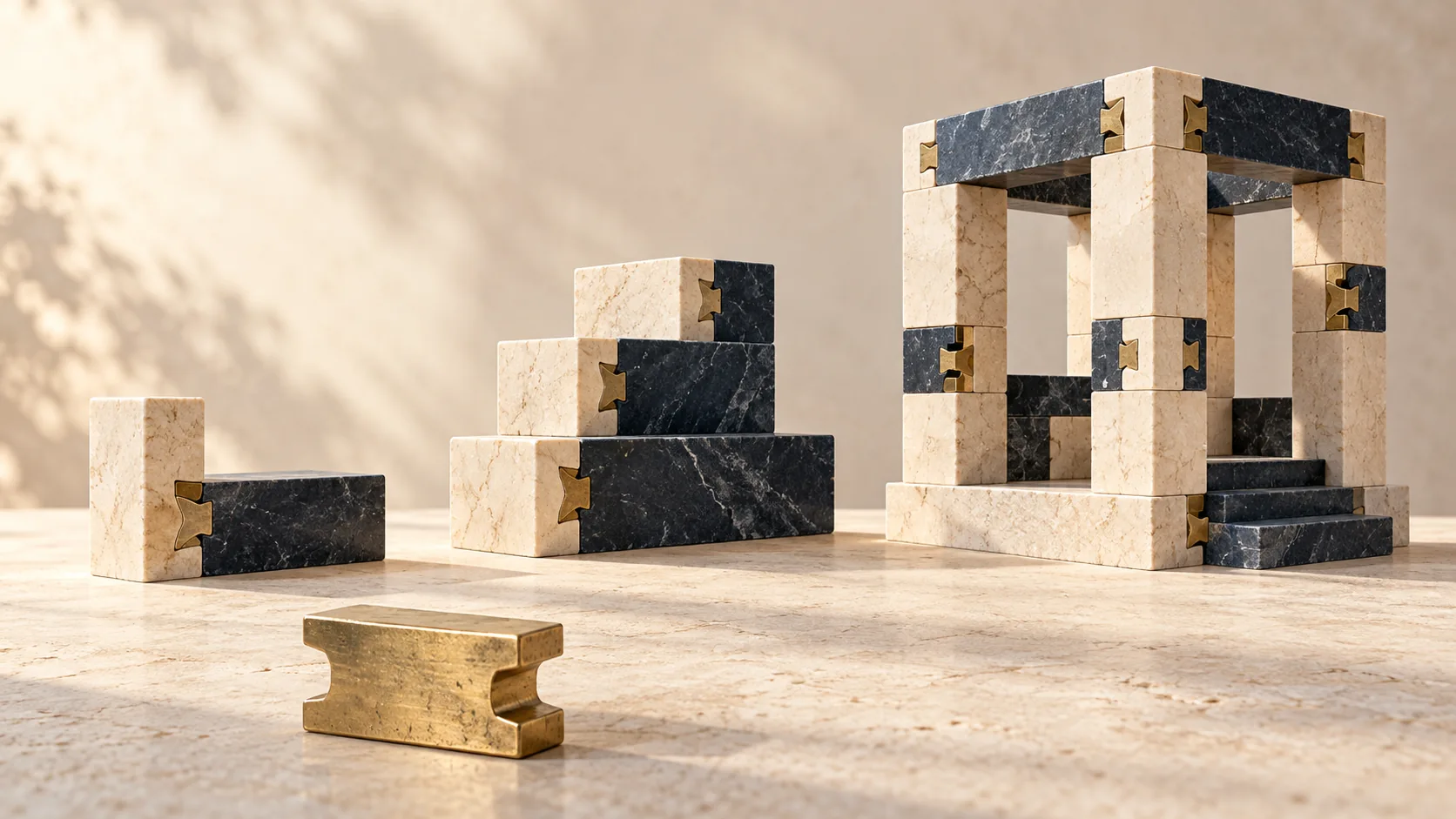 A brass joinery pattern is reused in progressively more capable stone structures.