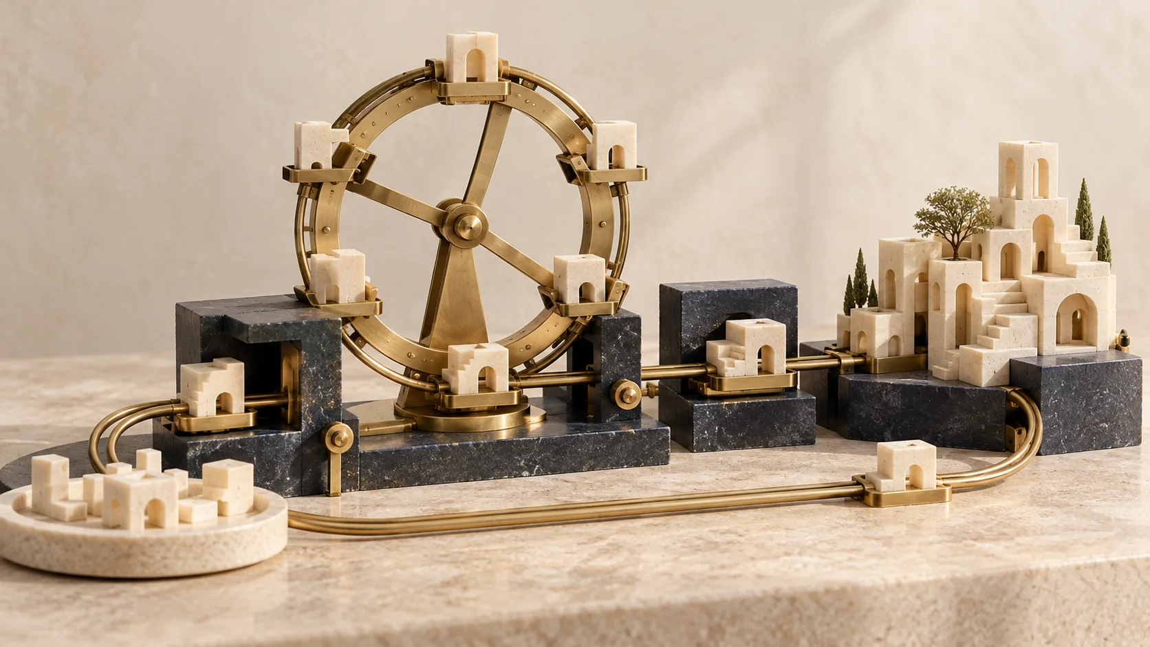 A brass circulation wheel carries reusable ivory modules between workstations, representing compounding organisational contribution.