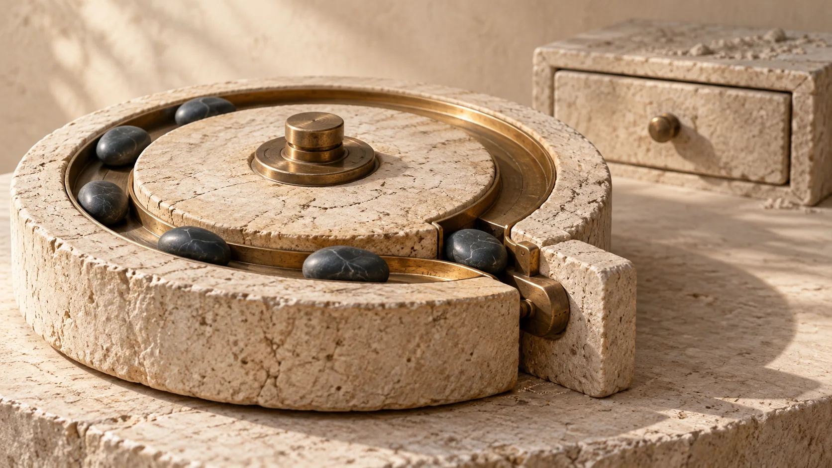 A worn circular channel returns stone pieces into active use, contrasting with a closed archive drawer.