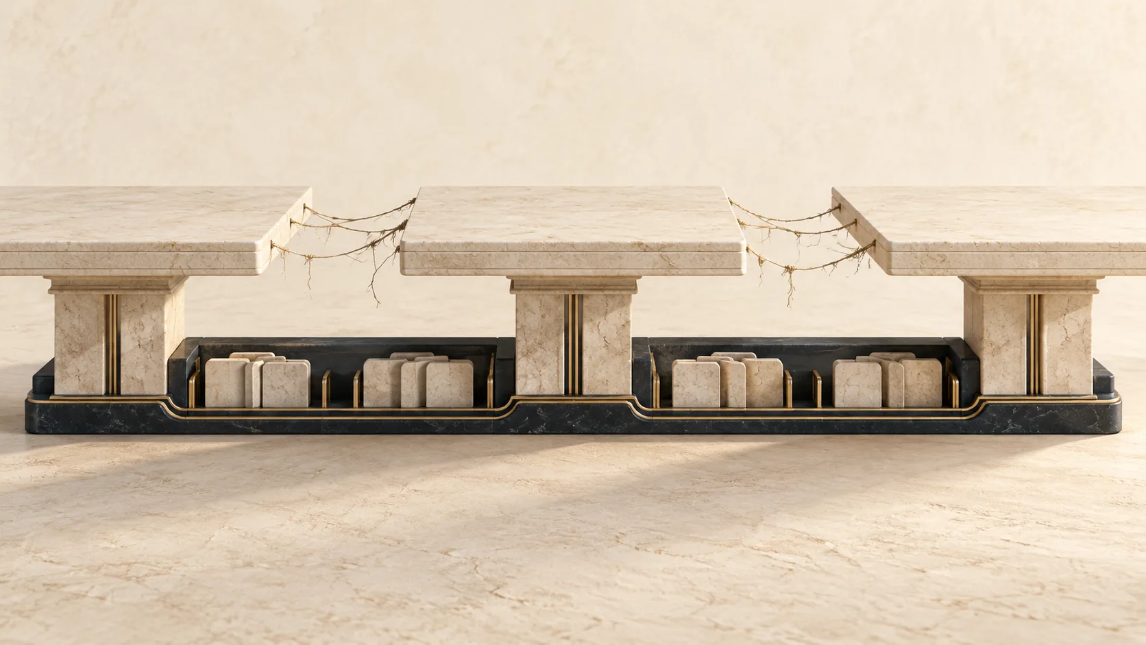 Separated work platforms expose fragile connections above a durable shared memory rail.