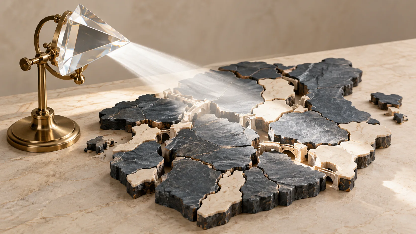 A clear prism reveals cracks and missing connections in a stone relief, representing AI exposing broken organisational context.