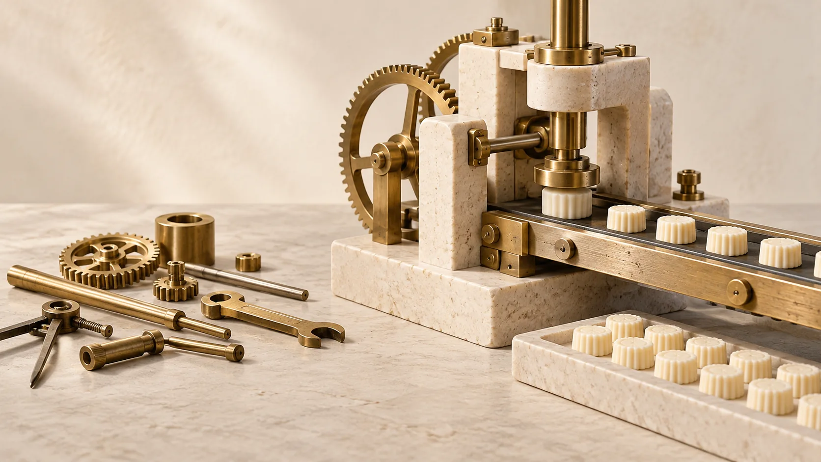 Brass components become a repeatable working mechanism, contrasting tool acquisition with capability formation.