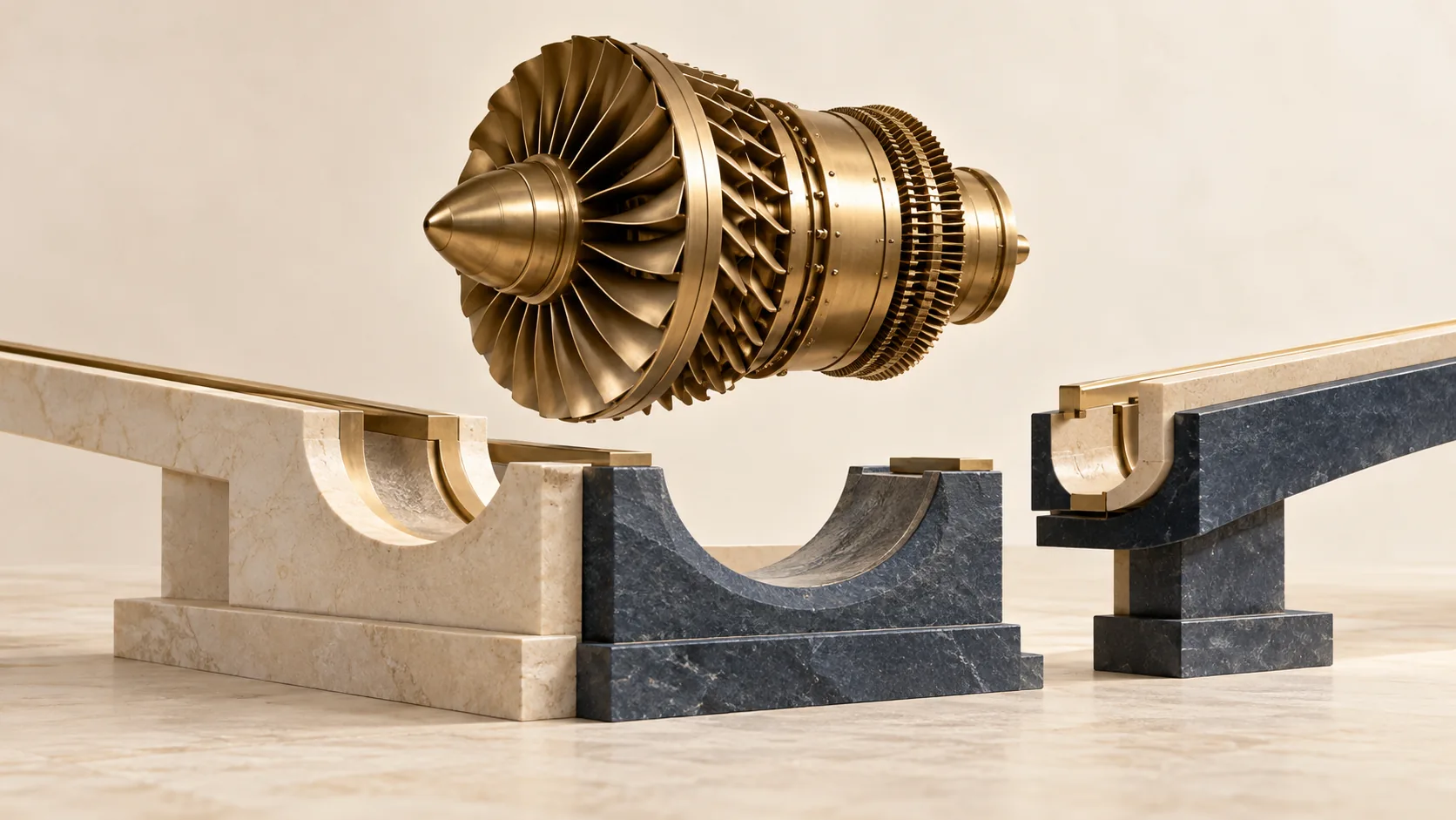 A finished brass turbine awaits an incomplete stone cradle, representing AI arriving before structural readiness.