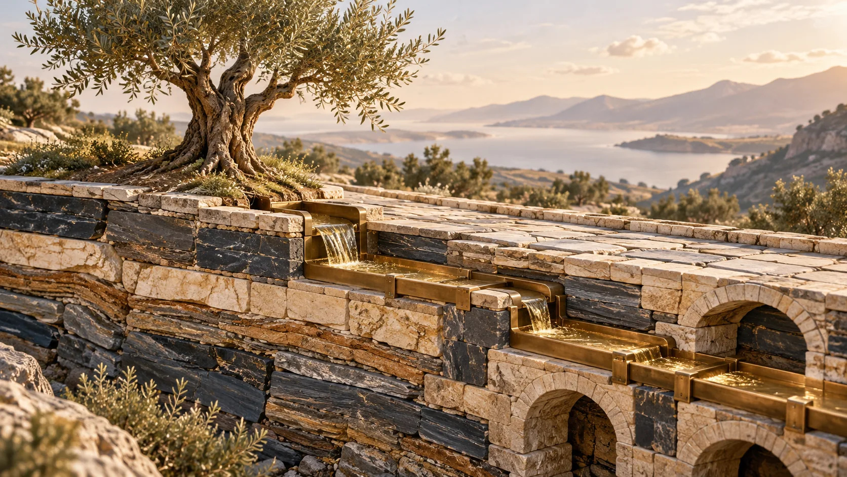 Layered stone memory infrastructure supports a continuous path and a flourishing olive tree.