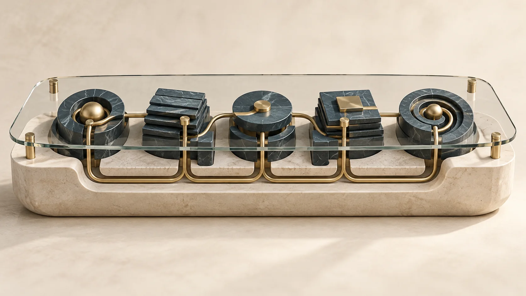Five linked stone mechanisms beneath clear glass represent shared language, decisions, ownership, context and feedback.
