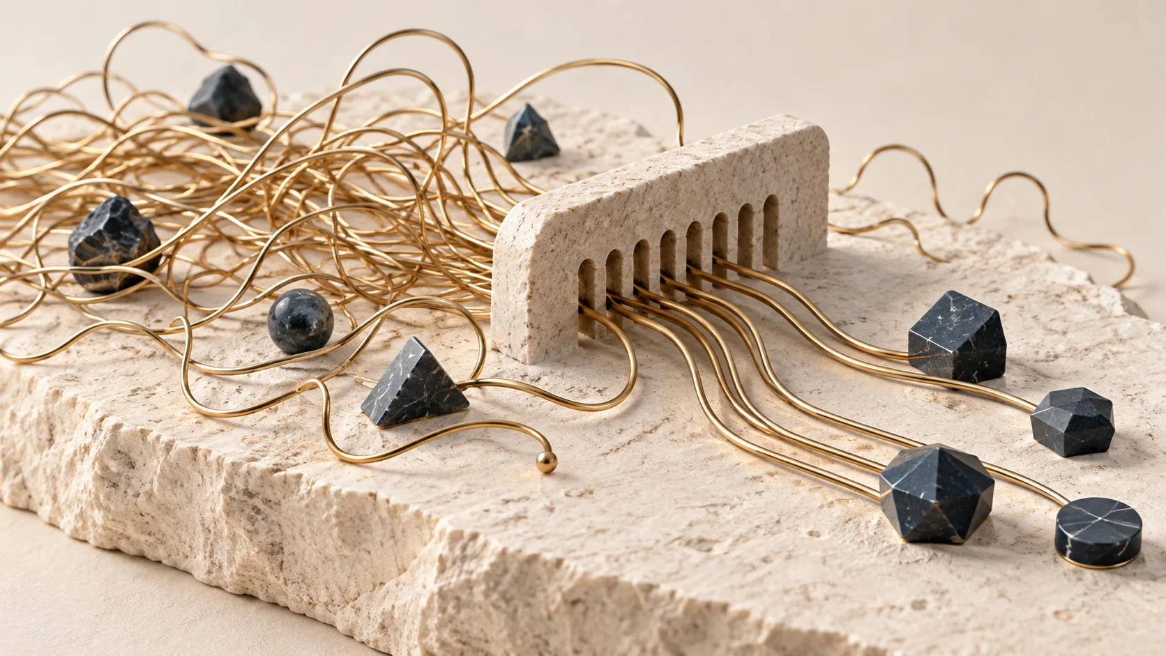 Free brass strands are gathered into repeatable channels, balancing exploration with shared structure.