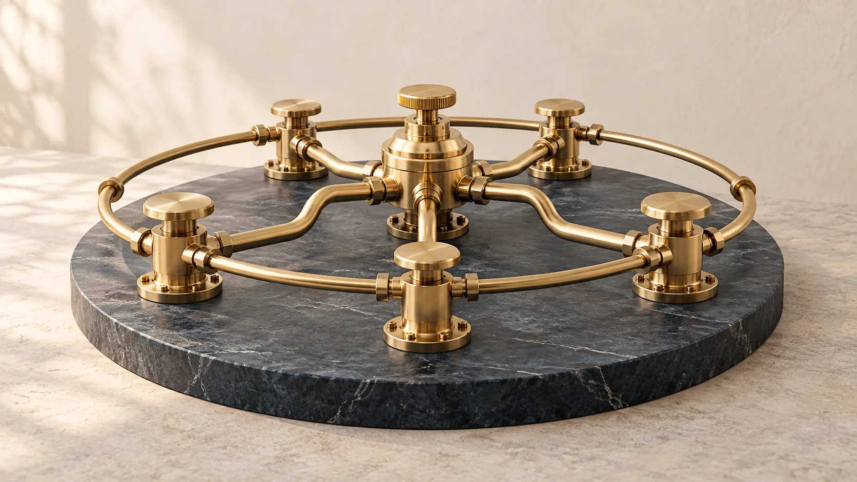 A brass manifold balances a shared regulator with distributed branches and a return loop.