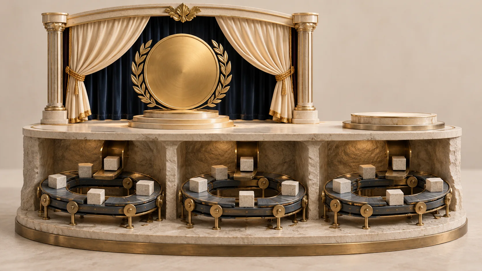 A polished award stage conceals disconnected conveyor loops, representing AI rollout success without business improvement.