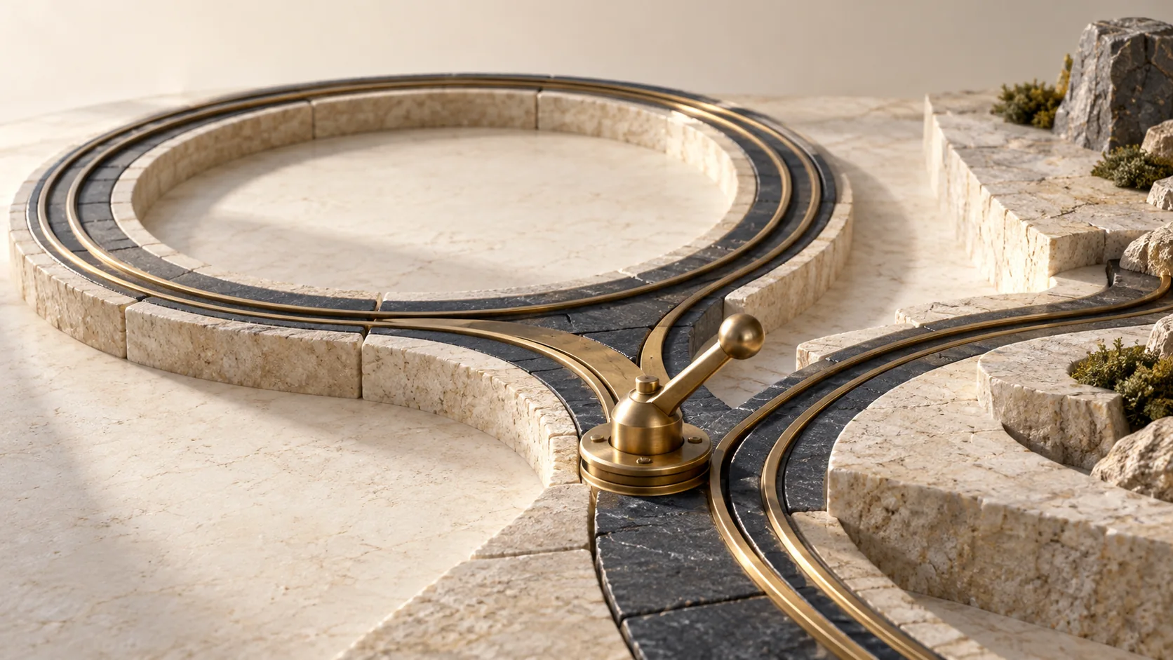 A brass switch opens a new route from a repeated circular path, representing meaningful changes to work.