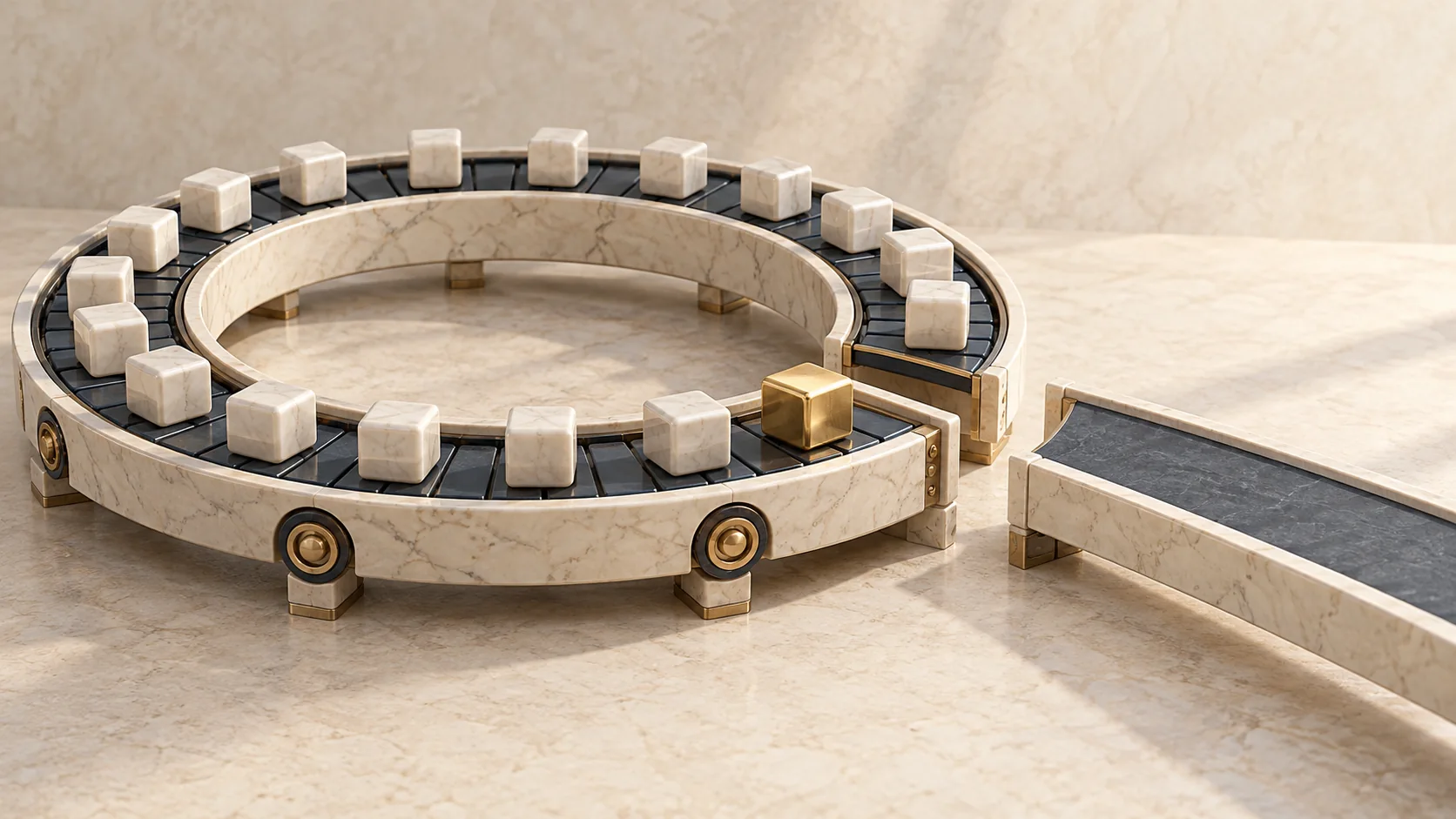 A new brass block travels the same closed circuit as older stone blocks.