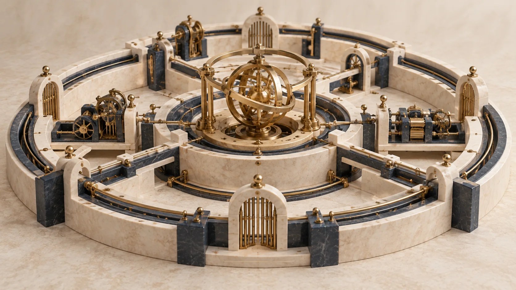 A locally framed gyroscope sits inside wider connected governance boundaries, representing the system beyond the AI harness.