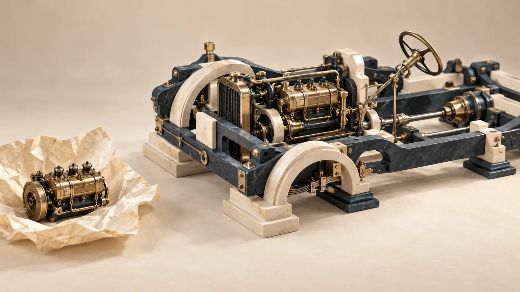 A packaged engine sits beside a custom-built vehicle chassis, illustrating organisational capability built around purchased intelligence.