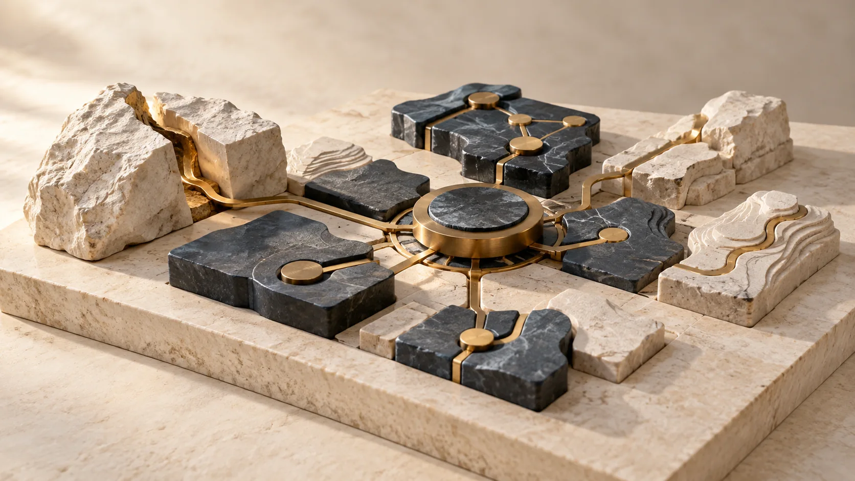 A small working core reveals hidden brass seams and connects to adjacent modules for gradual growth.