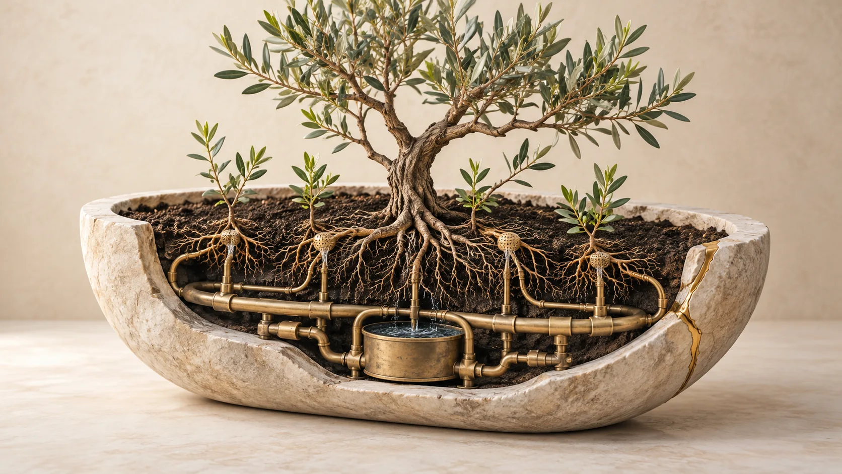 An olive tree grows within a stone vessel sustained by internal irrigation loops, representing continuous organisational improvement.