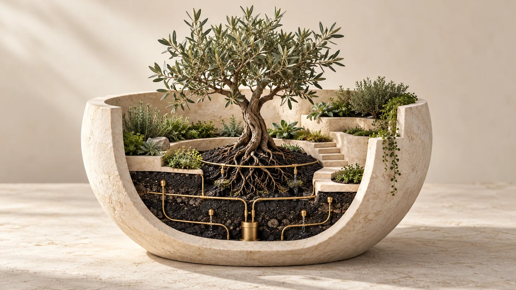 A tended garden and irrigation loops grow within a stone vessel, symbolising capability built through ongoing internal care.