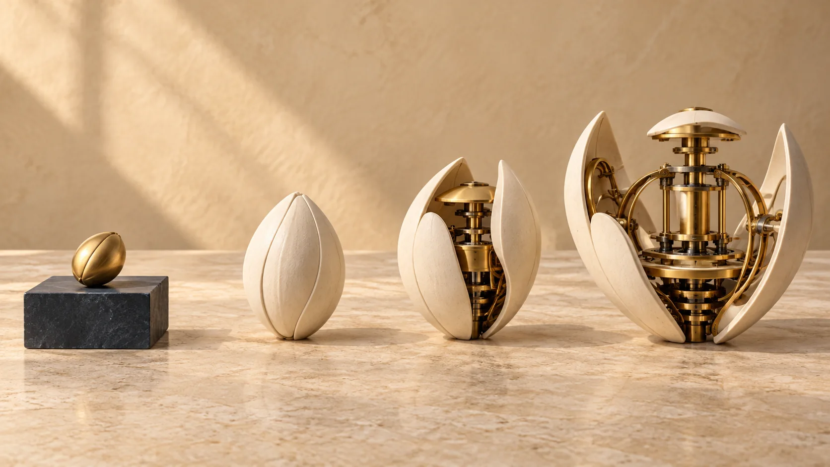 A small brass seed is elaborated into three increasingly detailed ivory and brass prototypes.