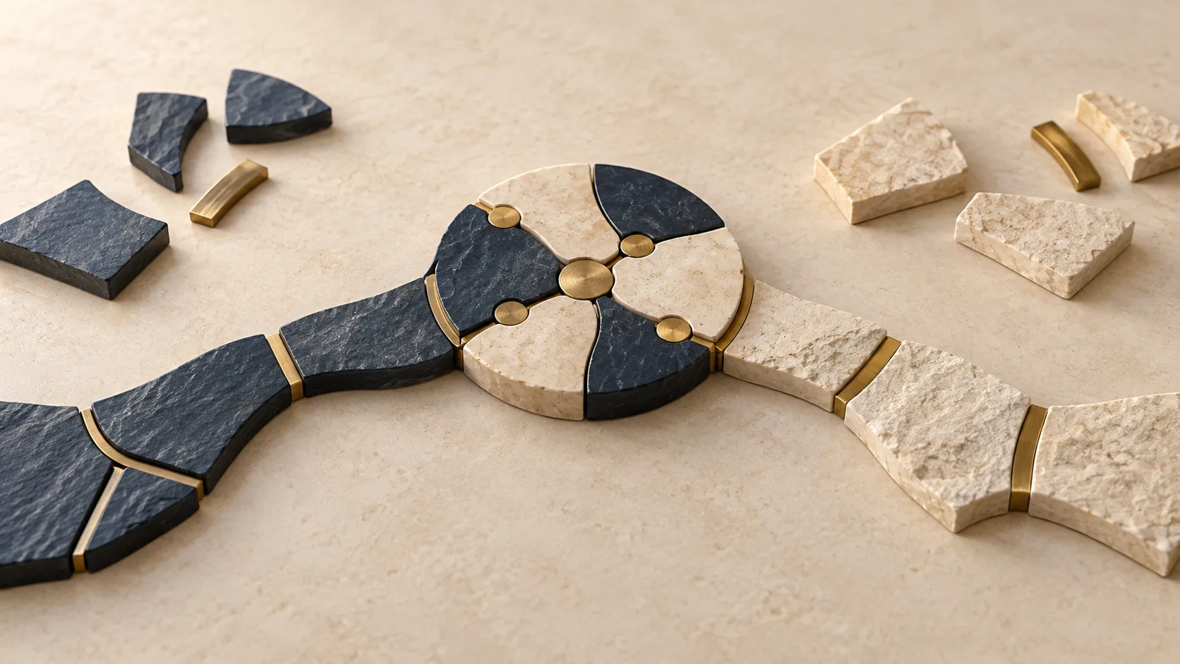 A compact interlocking mosaic nucleus links two distinct paths, representing a bounded beginning for a shared model.