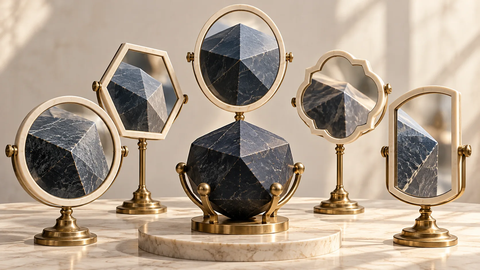 Five differently shaped lenses reveal distinct views of one shared slate core.