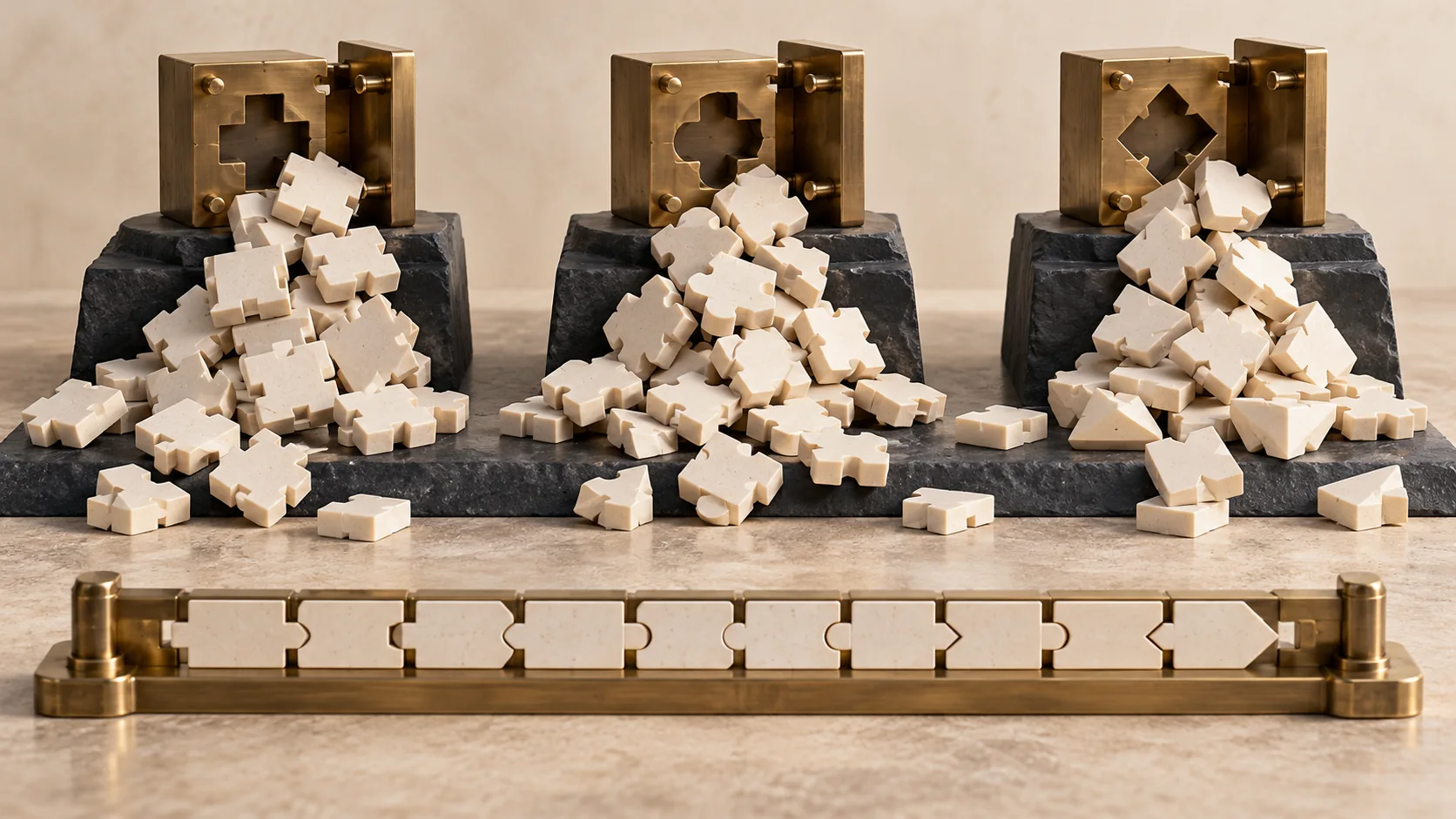 Separate molds produce incompatible piles of tiles above a common alignment rail, representing duplicated fragmented knowledge.